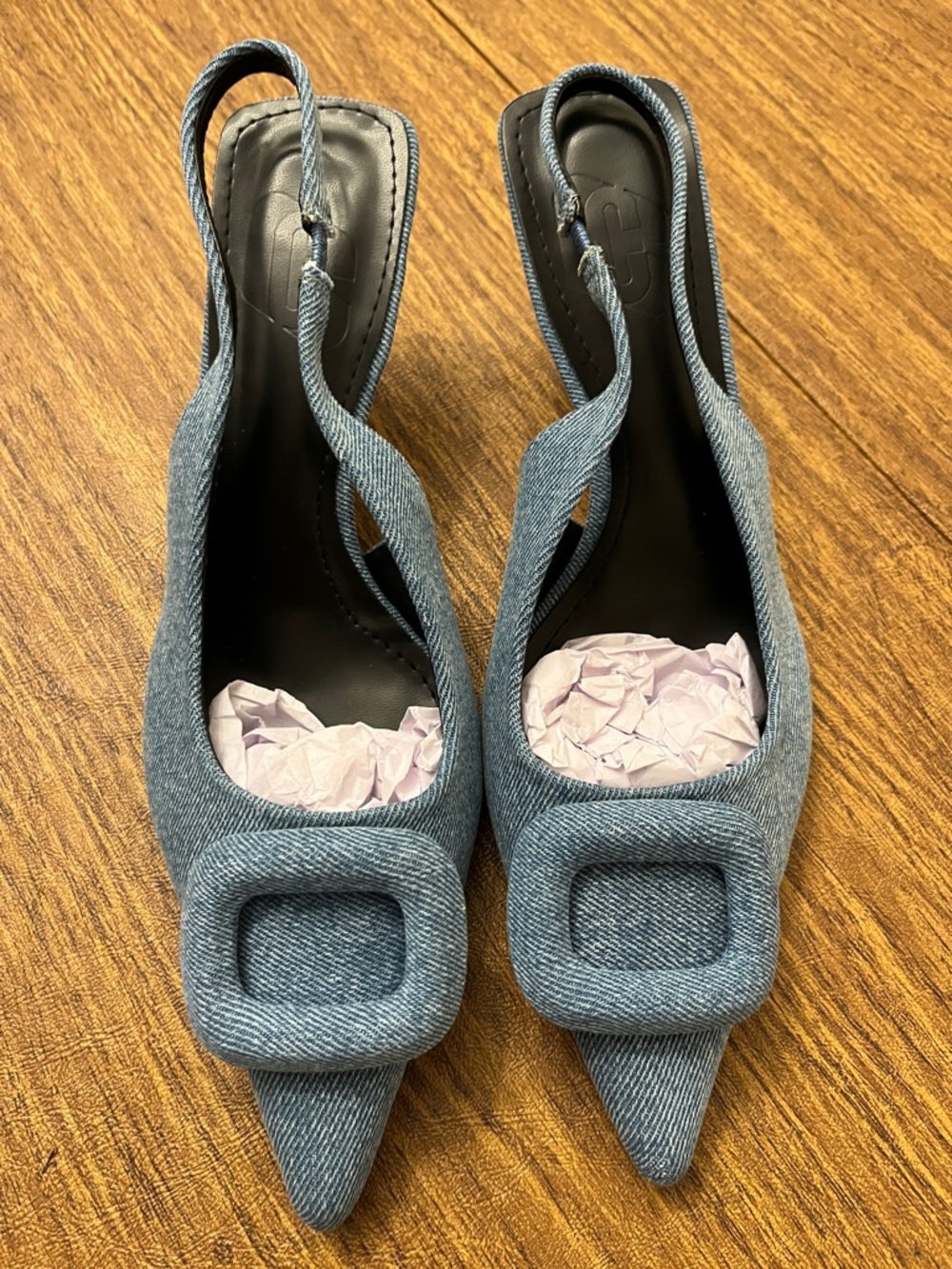 Denim Pointed Toe Slingback Heels - Blue